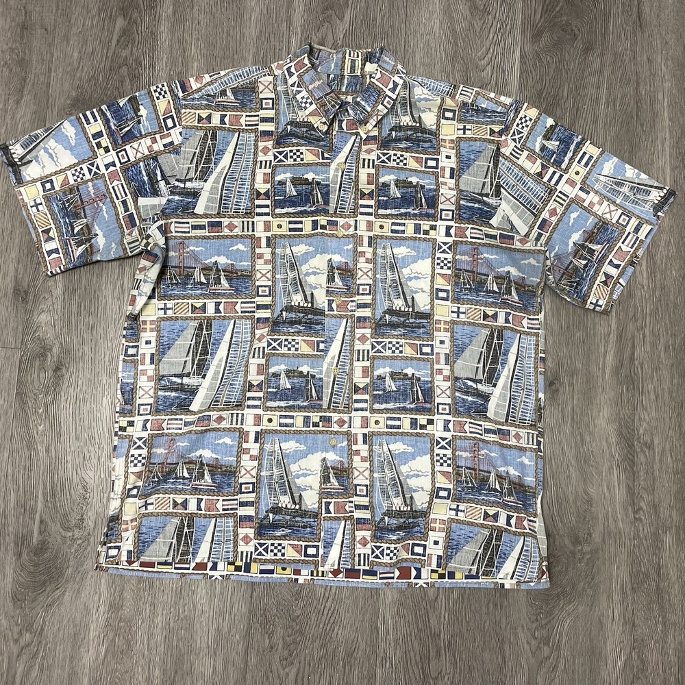 Reyn Spooner Shirt Mens X-Large Blue Sailing Nautical Fishing Hawaiian Aloha